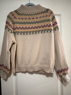 Cream Fair Isle Mock Neck Sweater with Multicolor Yoke